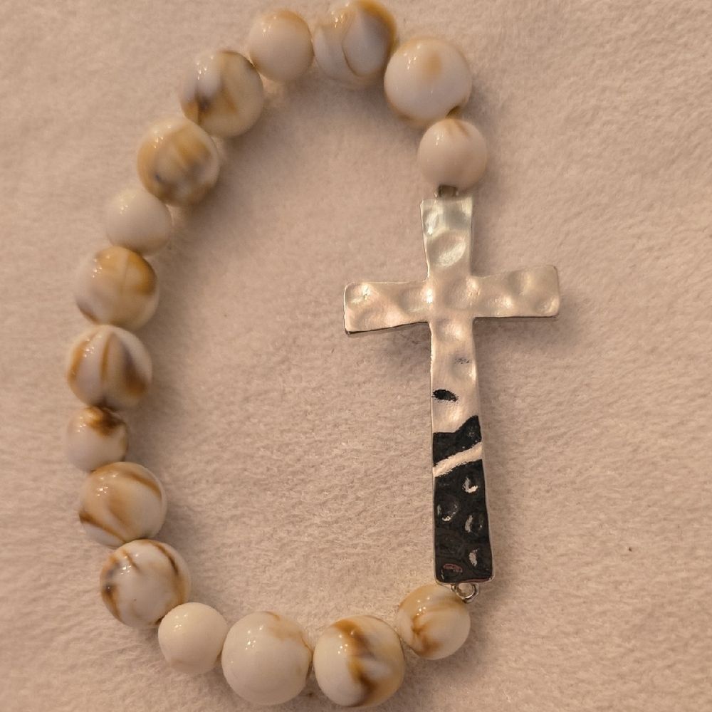 White and Brown Beaded Bracelet with Silver Cross